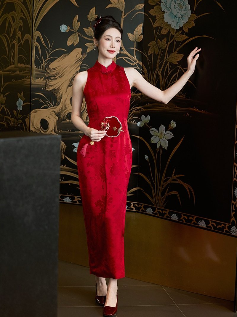 凝脂 紅色復古無袖新中式提花改良旗袍  復古新娘敬酒服婚禮禮服 - 旗袍 - 聚酯纤维 红色