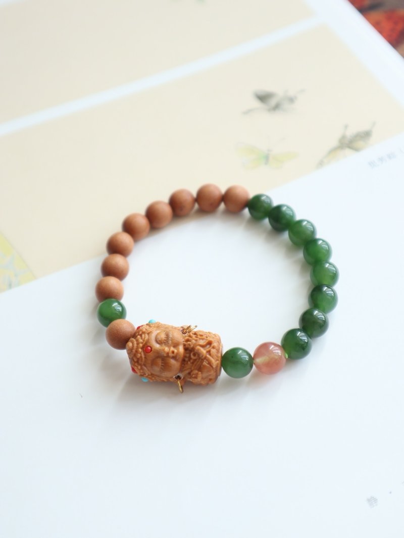 8mm天然和田玉 /和阗玉-菠菜绿碧玉. 檀木度母檀木设计单圈串 - 手链/手环 - 玉石 绿色
