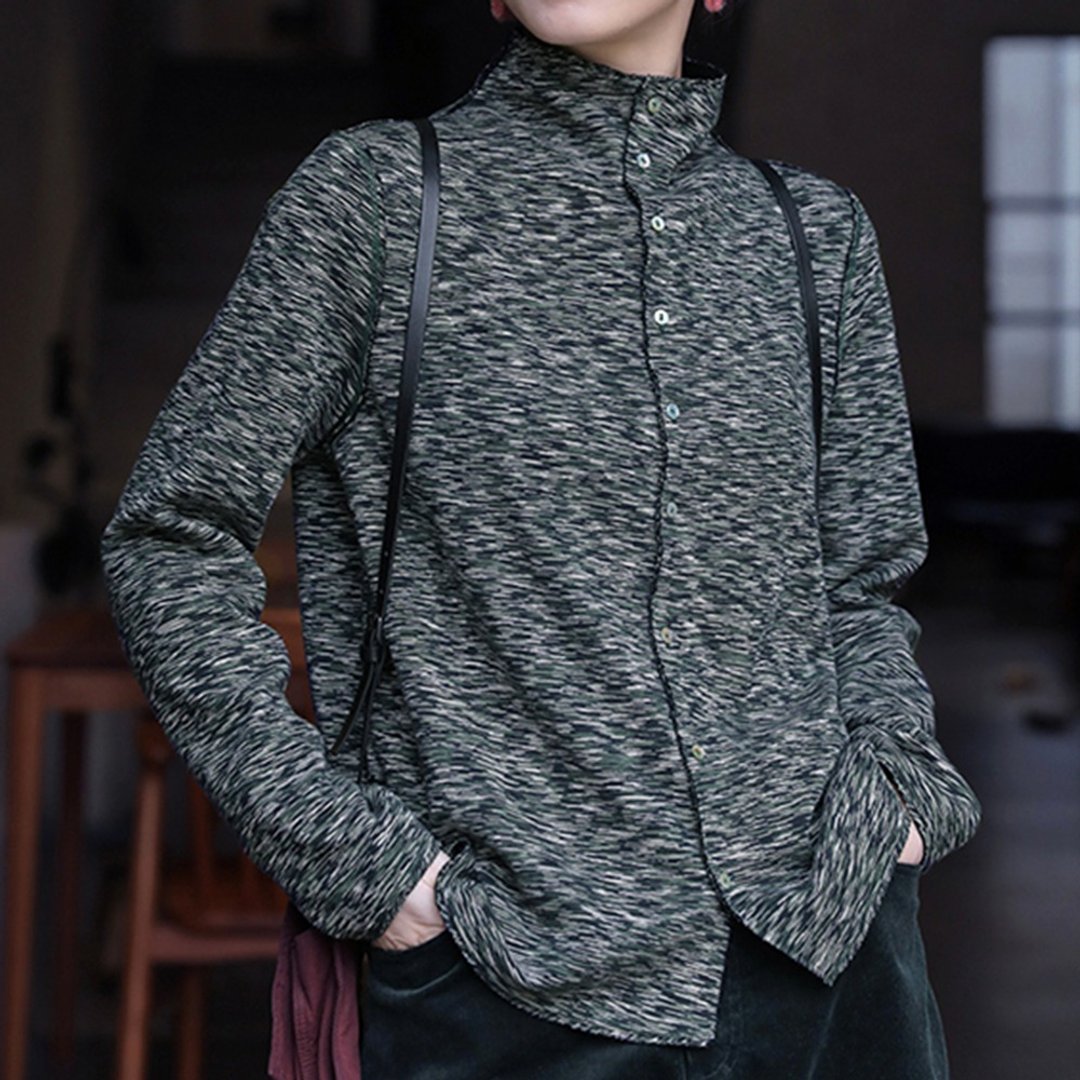 三季款柔软AB色双层布半高领开门襟两面穿针织衬衫 - 女装上衣 - 棉 
