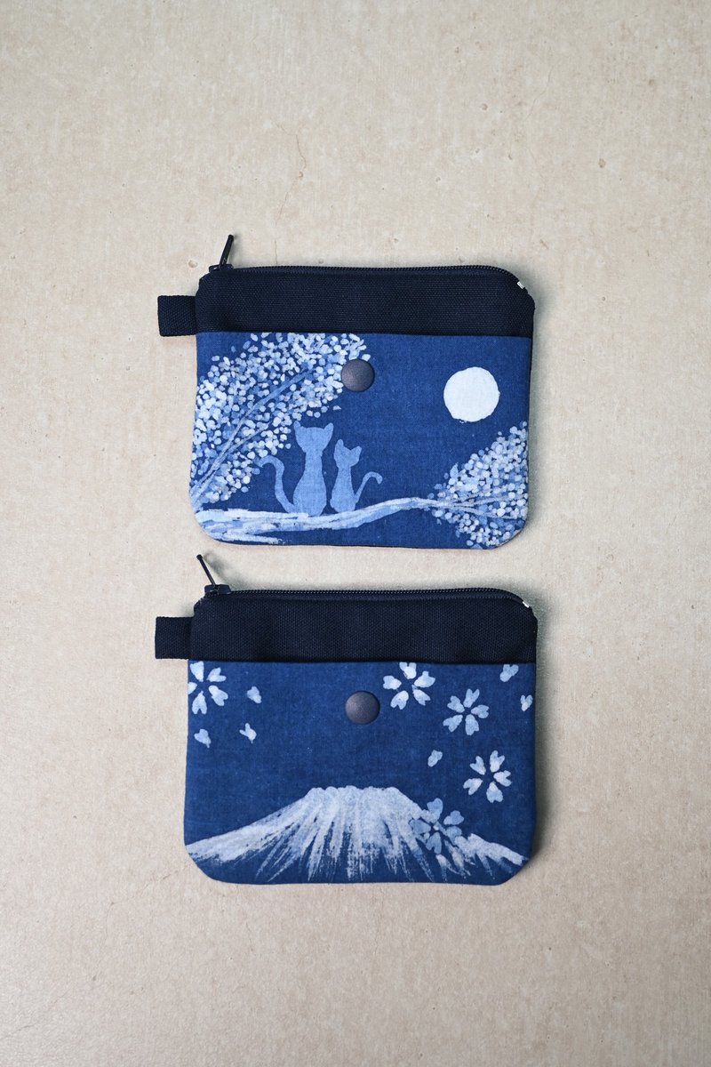 【记忆有限】蓝染拉链零钱包-猫/富士山 - 零钱包 - 棉．麻 蓝色