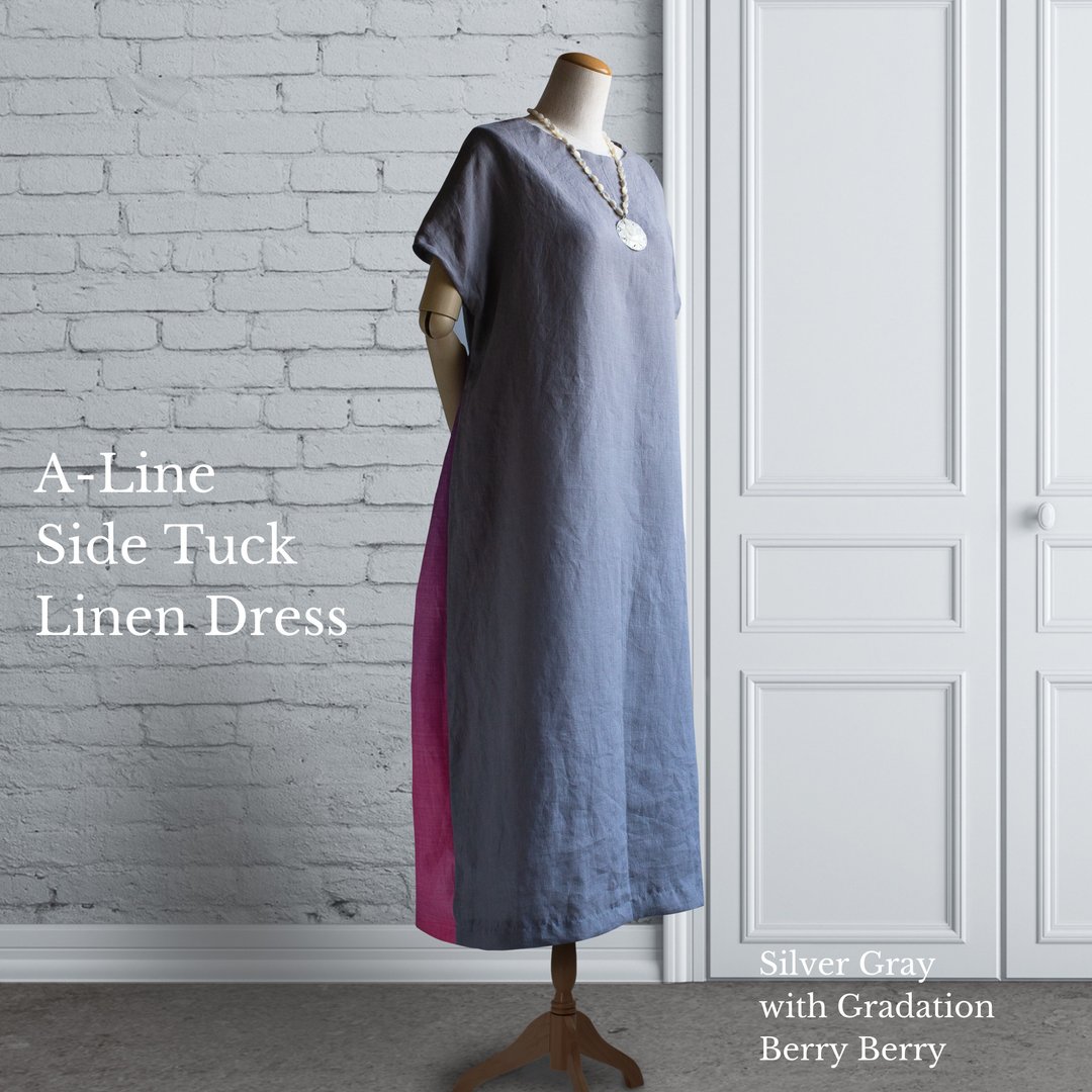 PSNY Hemp Linen Silver Gray Gradation Very Berry Side Tuck Dress French Sleeve AP20 - 洋装/连衣裙 - 棉 灰色