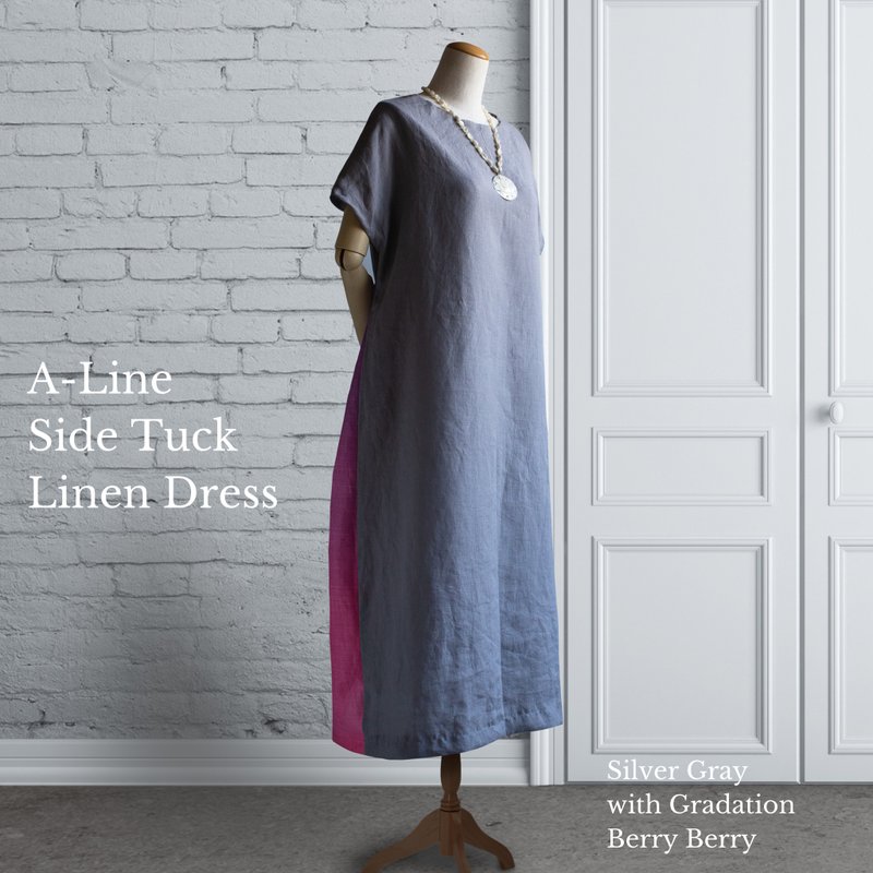PSNY Hemp Linen Silver Gray Gradation Very Berry Side Tuck Dress French Sleeve AP20 - 洋装/连衣裙 - 棉．麻 灰色