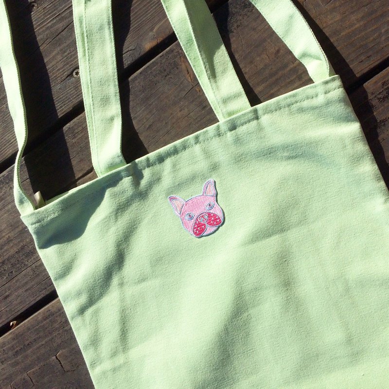 【开学必备】犀利希莉粉嫩色法斗-浅绿 大学/双层布/内袋/拉链/两用帆布包 - 侧背包/斜挎包 - 棉．麻 绿色