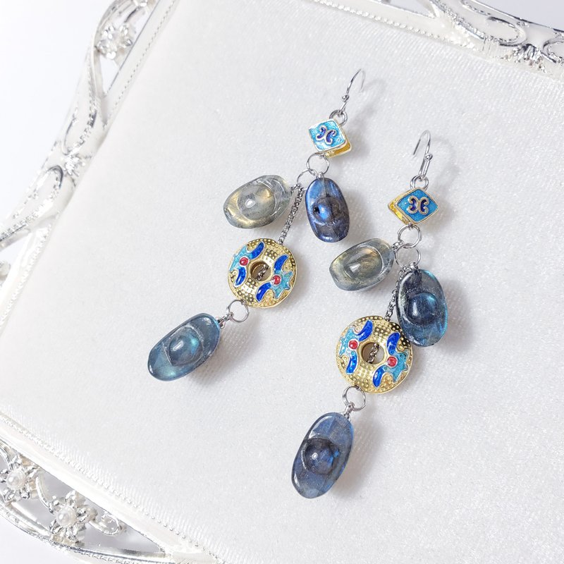 天然 拉长石 光谱石 元宝 珐琅 招财 富贵 吉祥 如意 耳环 仅一件 - 耳环/耳夹 - 宝石 多色