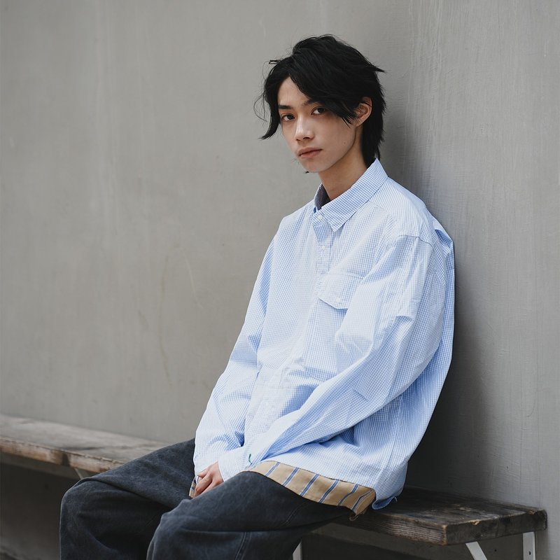 【盐系清新】仿两件层次格子恤衫 (ST368) - 男装衬衫 - 棉．麻 白色