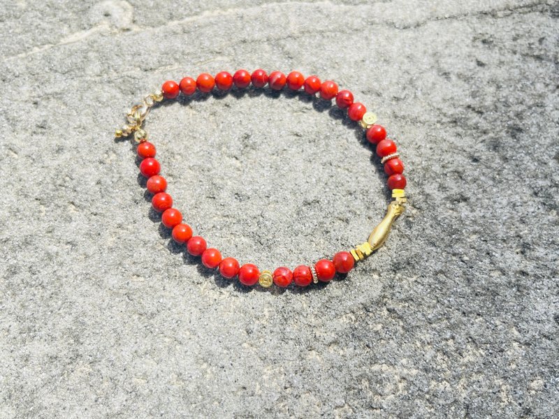 3mm天然川料南红玛瑙 古法银小鱼设计单圈手串手链s - 手链/手环 - 半宝石 红色