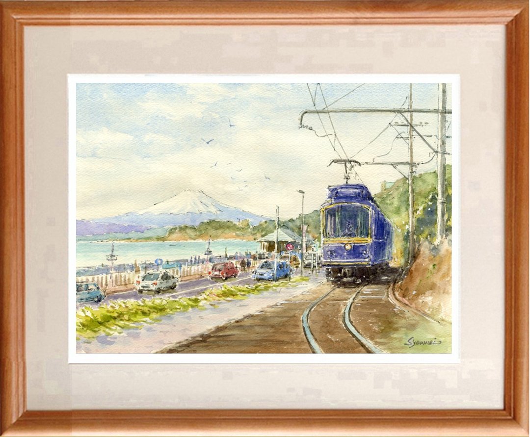 Original watercolor painting from Mt. Fuji and Enoden / Nanarigahama - 海报/装饰画/版画 - 纸 蓝色