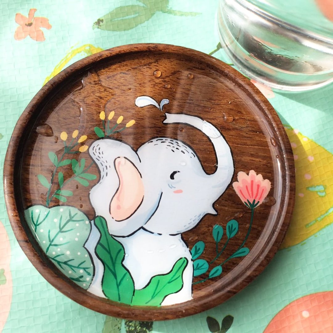 Wooden coaster water spray elephant - 杯垫 - 木头 蓝色