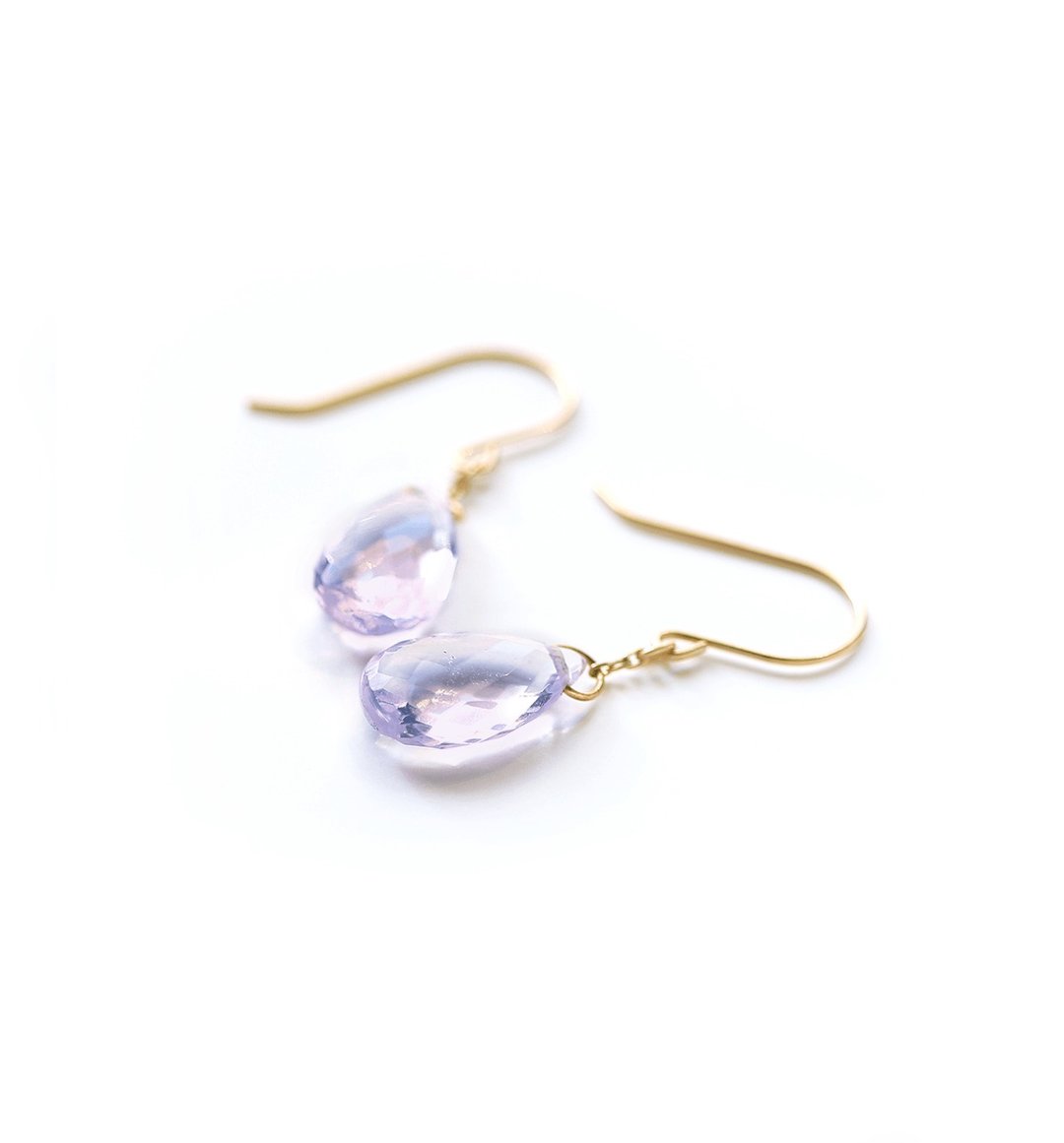 Solitary Scorolite/Lavender Quartz (Flat Drop) K10 Hook Earrings ~ESPOIR~ - 耳环/耳夹 - 宝石 紫色