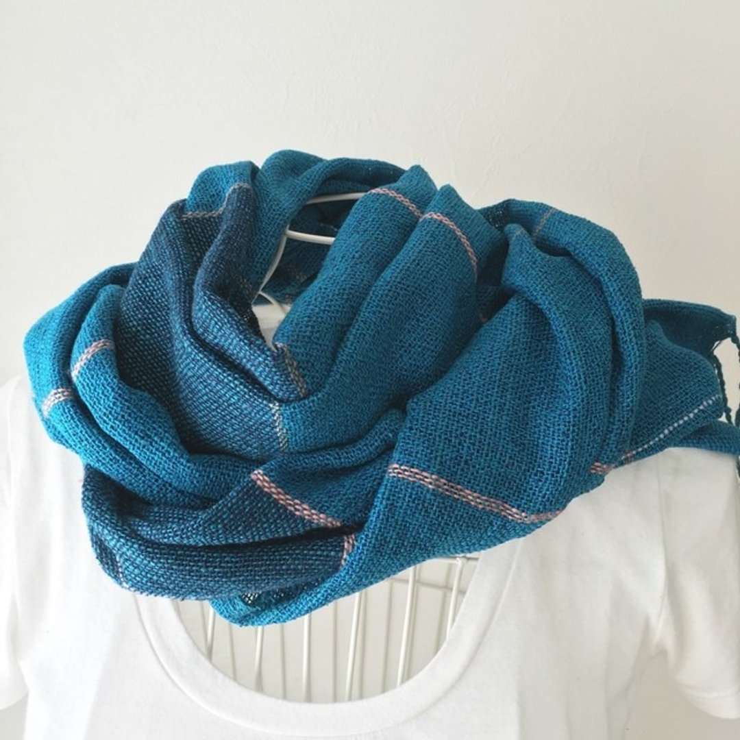 [Silk] Handwoven stole Blue Stripe 2 - 围巾/披肩 - 棉 蓝色