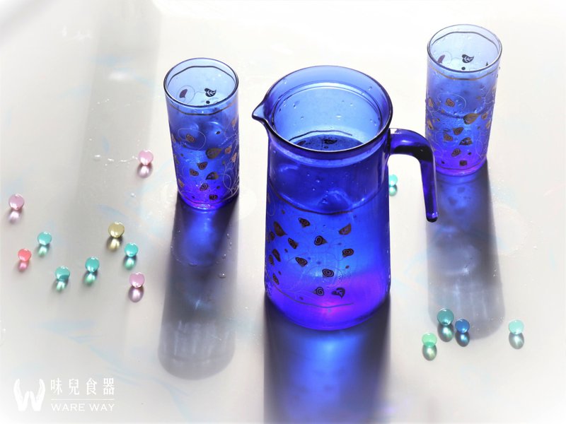 早期壶杯组－蓝宝石里的玫瑰园  (餐具/旧货/老物/玻璃/图花) - 茶具/茶杯 - 玻璃 蓝色