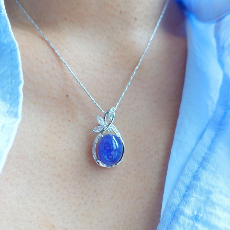 10克拉 天然无烧丹泉石 蓝紫色透亮光泽 简约设计 纯银项链 礼物 - 项链 - 纯银 蓝色