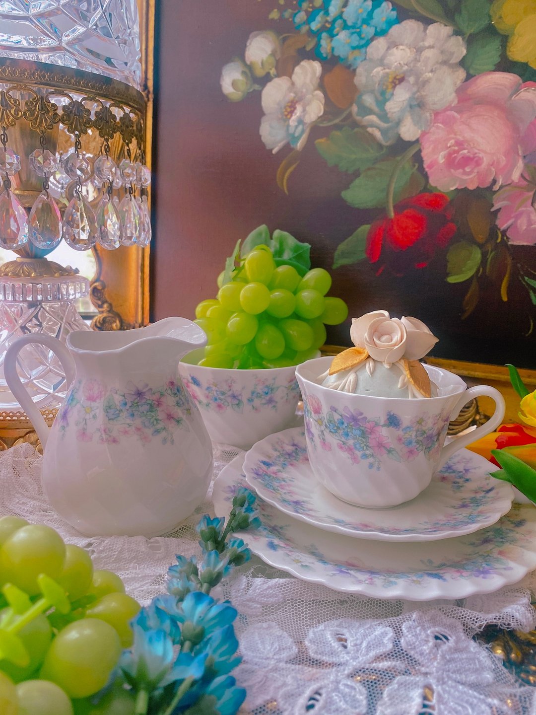 英国制Wedgwood 1980年 安琪拉花卉奶壶糖碗两件组库存品 - 茶具/茶杯 - 瓷 紫色