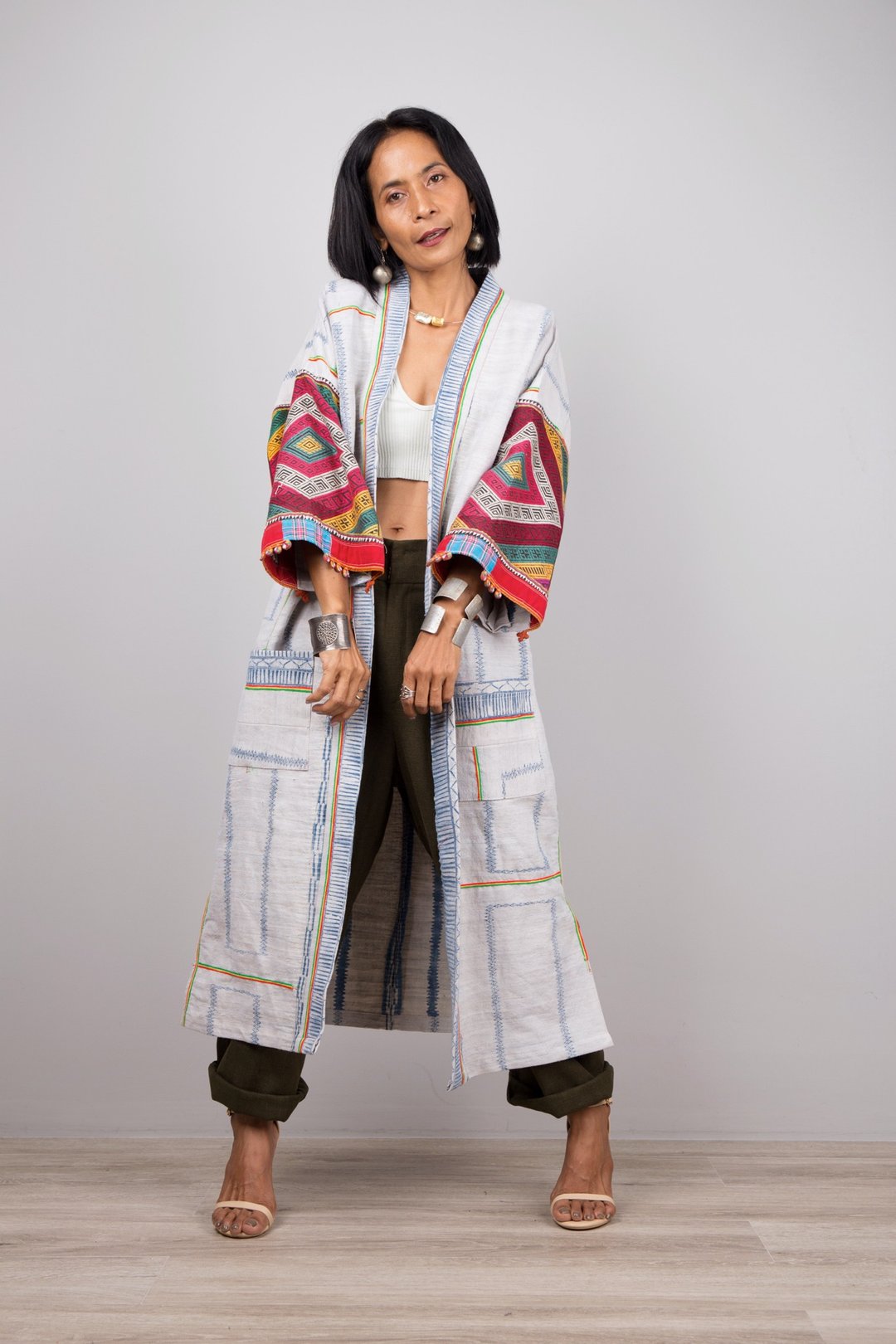 Long kimono cardigan, Unique Chic duster, Hmong tribe, remake vintage hemp - 女装休闲/机能外套 - 棉．麻 白色
