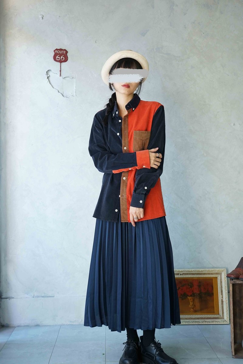 寻宝古着-个性蓝橘撞色拼接灯芯绒衬衫 - 女装衬衫 - 棉．麻 橘色