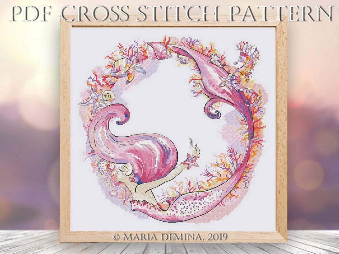 Joyful Sirene / Pink Mermaid Wreath PDF cross stitch pattern - 手工艺教程/工具书 - 其他材质 
