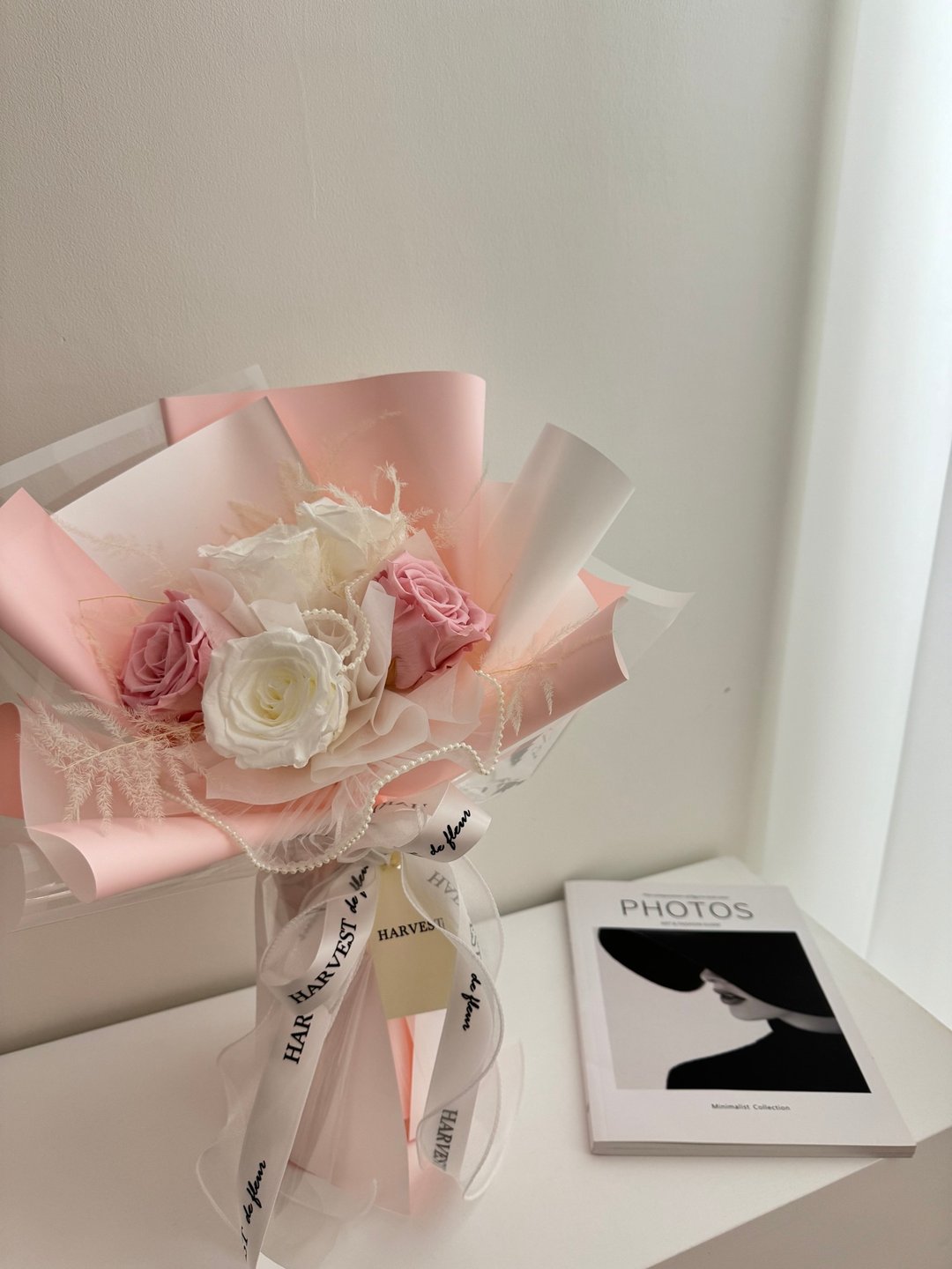 粉白永生玫瑰花束-情人节花束/求婚花束/告白花束/生日花束 - 干燥花/捧花 - 植物．花 粉红色