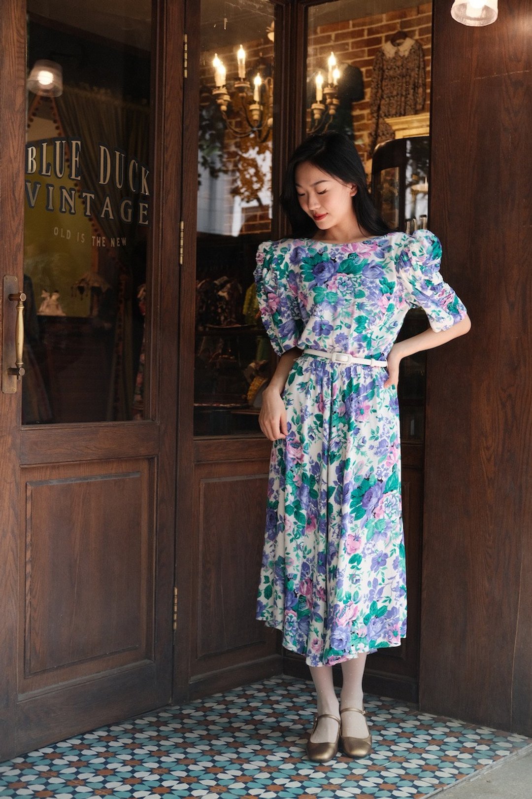 Vintage dress美产复古褶皱泡泡袖印花连衣裙古着洋装 - 洋装/连衣裙 - 棉 