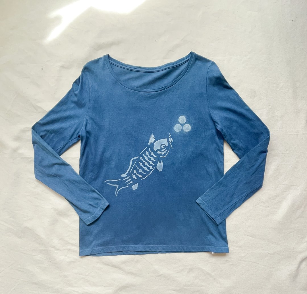 日本制造 手染 锦鲤 Koi 长袖圆领 TEE 靛蓝染 - 中性连帽卫衣/T 恤 - 棉 蓝色