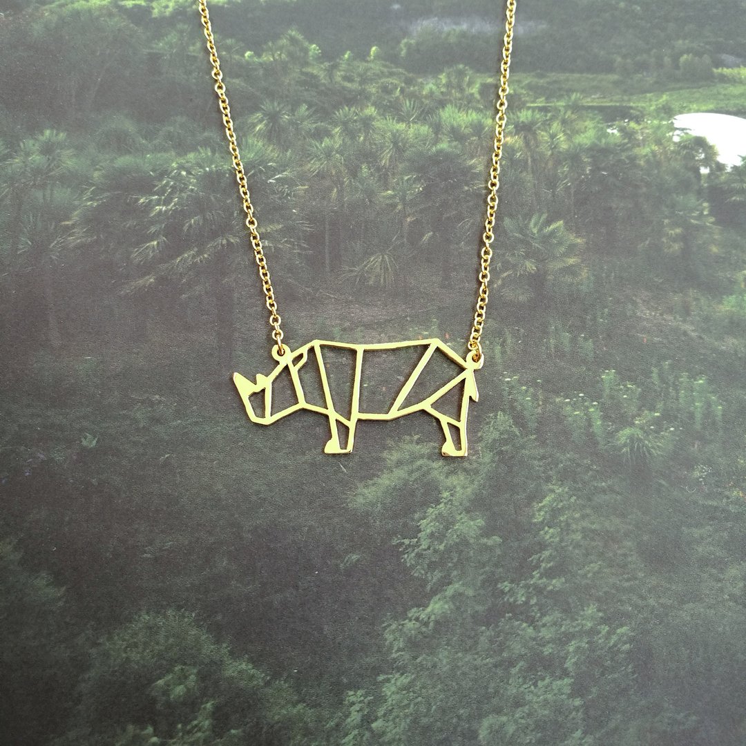 Rhino Necklace, Origami Necklace, Animal Necklace, Animal Gifts, Rhino Gift - 项链 - 铜/黄铜 金色