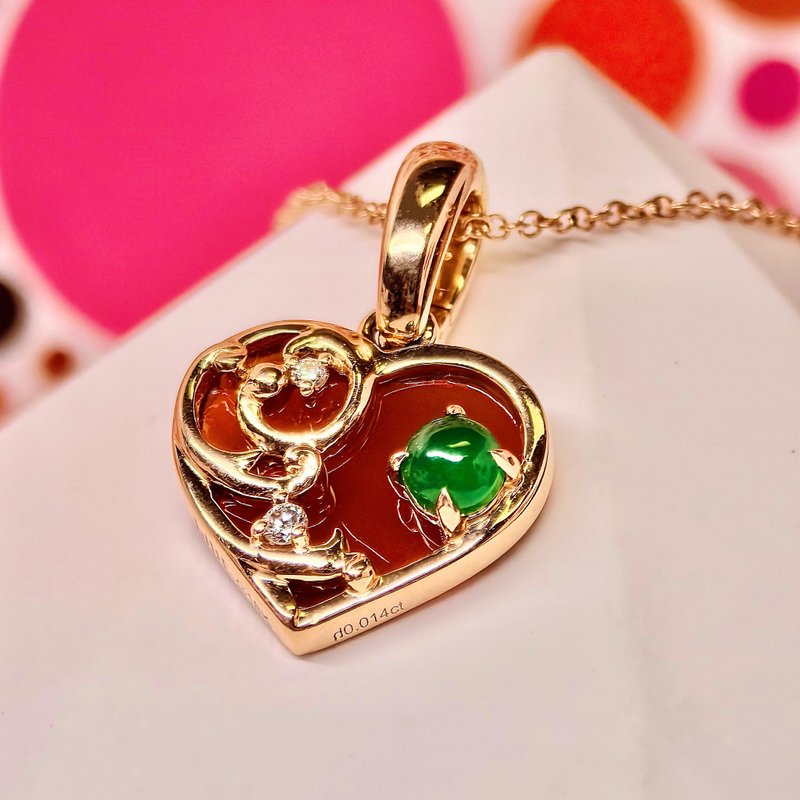 爱丽丝- 18K玫瑰金兔形吊坠配橘色蛋面及翡翠及白贝母-含链 - 项链 - 宝石 