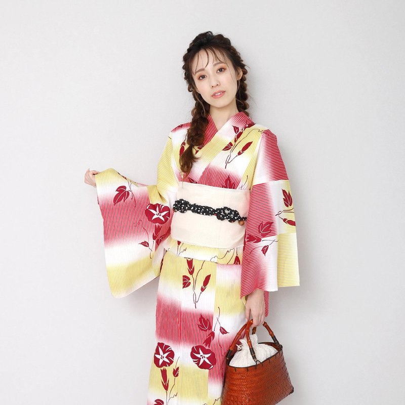 日本 和服 日本染色 梭织 女性 浴衣 腰带 2件组 F x71-a3 yukata - 其他 - 棉 红色
