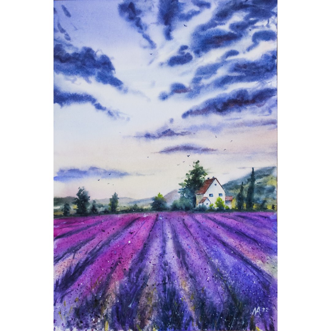 Lavender Fields Landscape Original Watercolor Painting Provence Scenery Wall Art - 海报/装饰画/版画 - 纸 多色