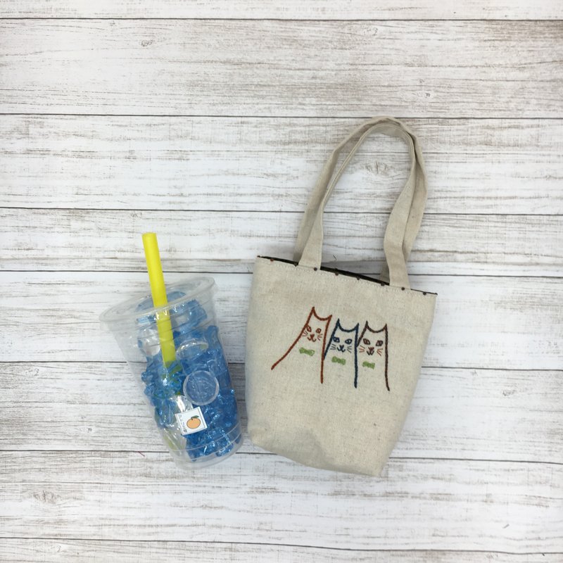 Cafe bag 3 cats - 手提包/手提袋 - 棉．麻 白色