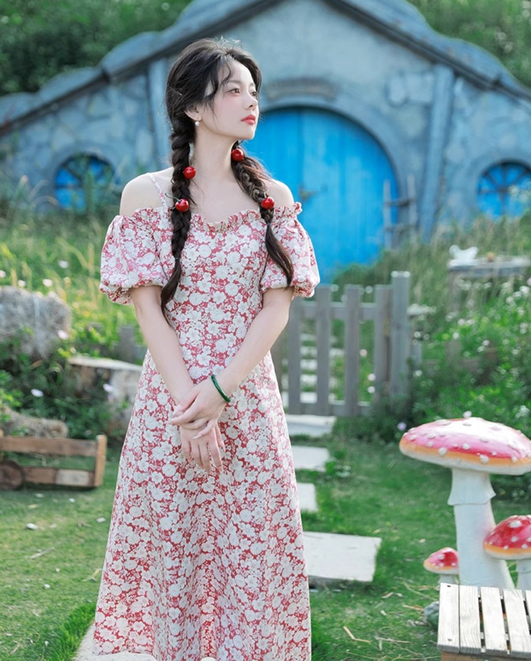 夏至 法式复古碎花连身裙 - 洋装/连衣裙 - 其他材质 红色