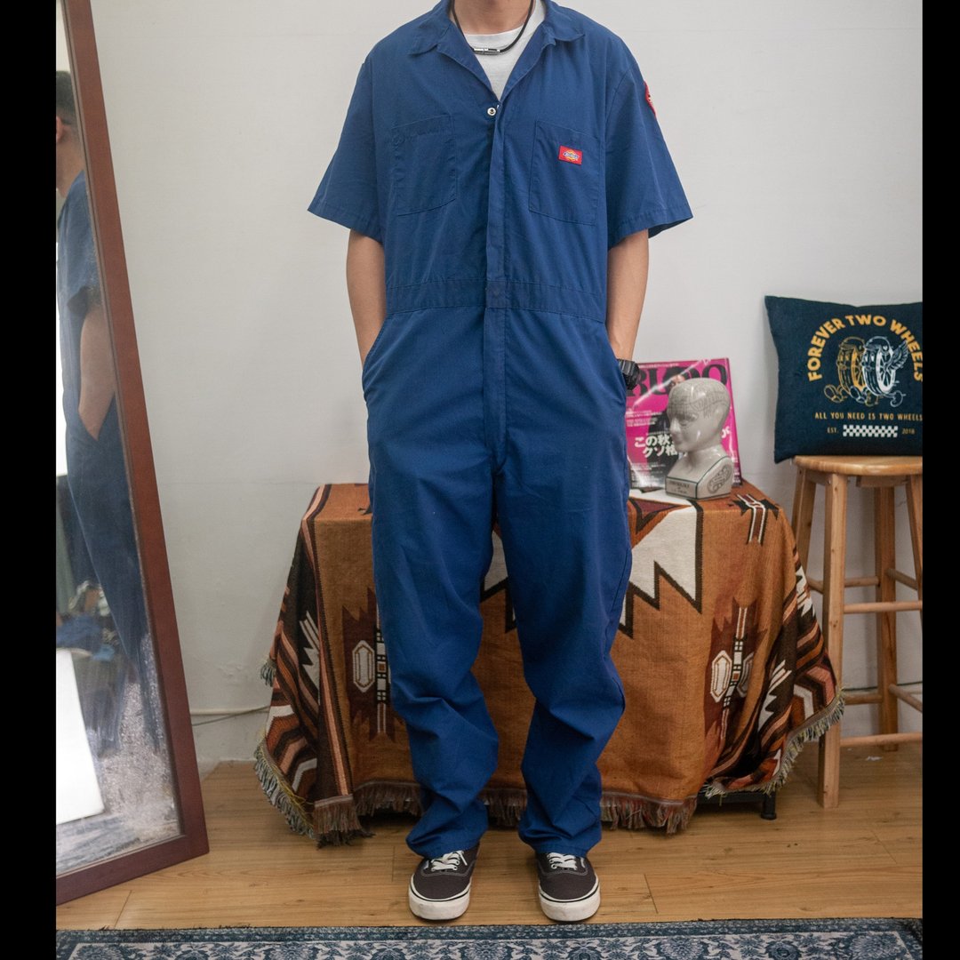 DICKIES 蓝色 短袖 连身工作服 电绣布章 美国国旗 企业 古着 二 - 男士长裤 - 棉 蓝色