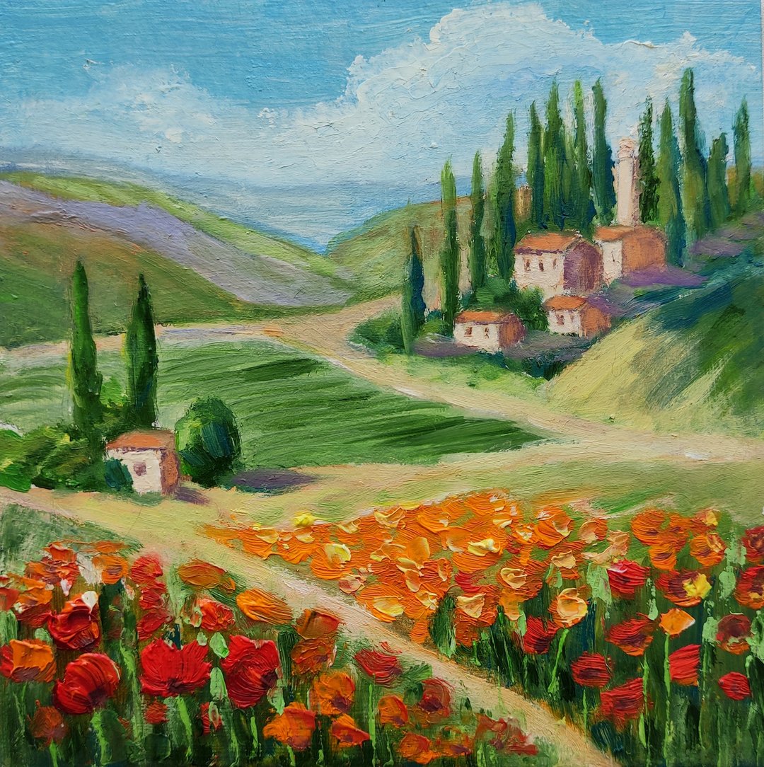 托斯卡纳风景原创油画田野罂粟花艺术花卉，手工油画油画原作 - 海报/装饰画/版画 - 其他材质 多色