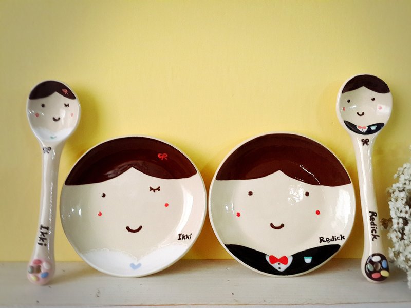 婚礼对盘与汤匙组 (不加名字款) - 花瓶/陶器 - 其他材质 粉红色