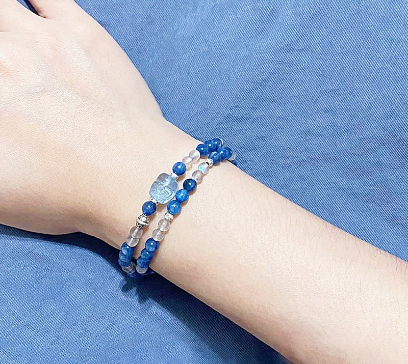 开运祈福貔貅系列-蓝晶石x灰月光石x海蓝宝貔貅双层925纯银手链 - 手链/手环 - 宝石 蓝色