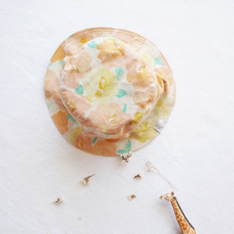 温柔双面渔夫帽系列 | 橘子色水染花 - 帽子 - 棉．麻 橘色