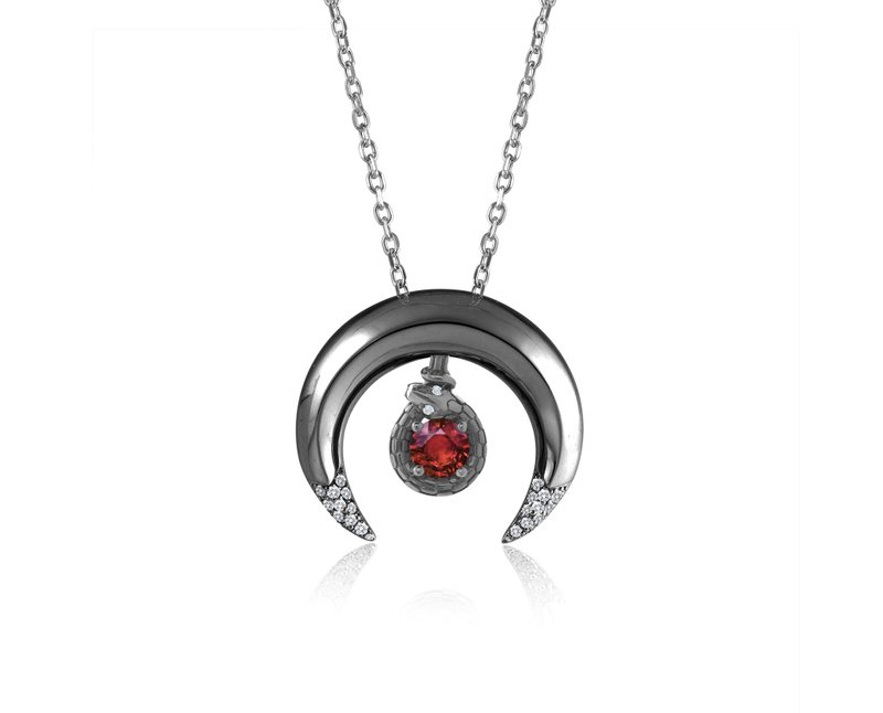 红宝石三女神项链组合 14k金+纯银月牙形套装吊坠 哥特衔尾蛇坠子 - 项链 - 贵金属 红色