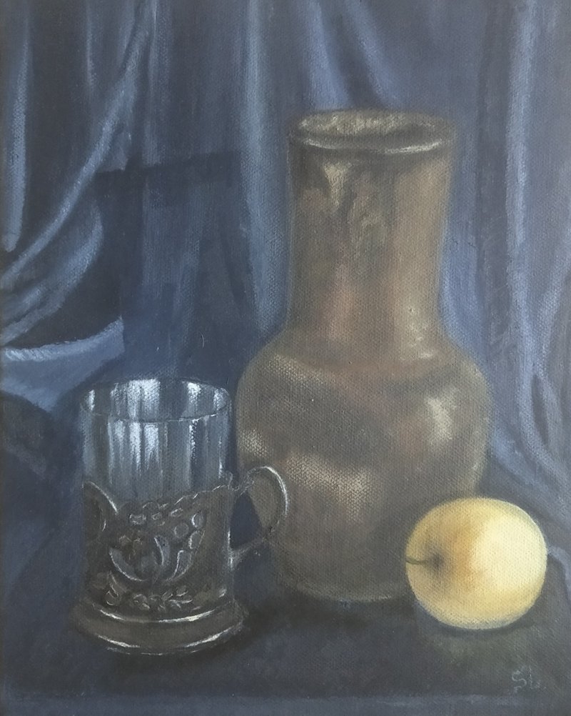 still life oil painting original painting apple glass stand fabric vintage jar - 海报/装饰画/版画 - 其他材质 多色