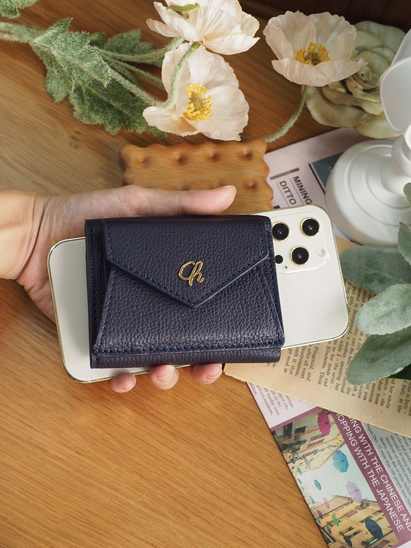 Maily (Navy) : Tri-fold wallet, short wallet, cow leather, Dark blue color - 皮夹/钱包 - 真皮 蓝色