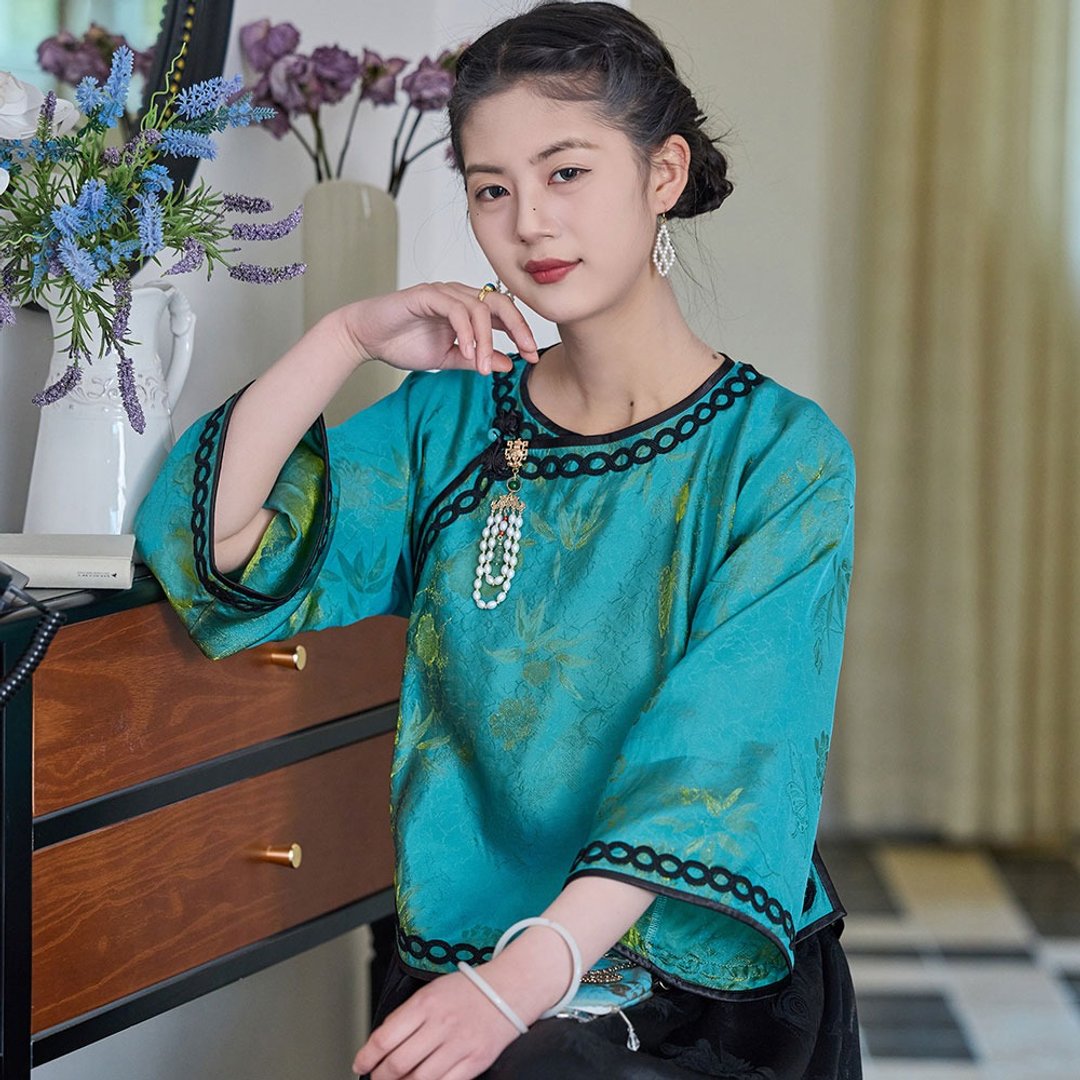 浮光錦復古盤扣小衫 / 廢領倒大袖民國風 / 中國風文藝上衣 - 女装上衣 - 其他材质 蓝色