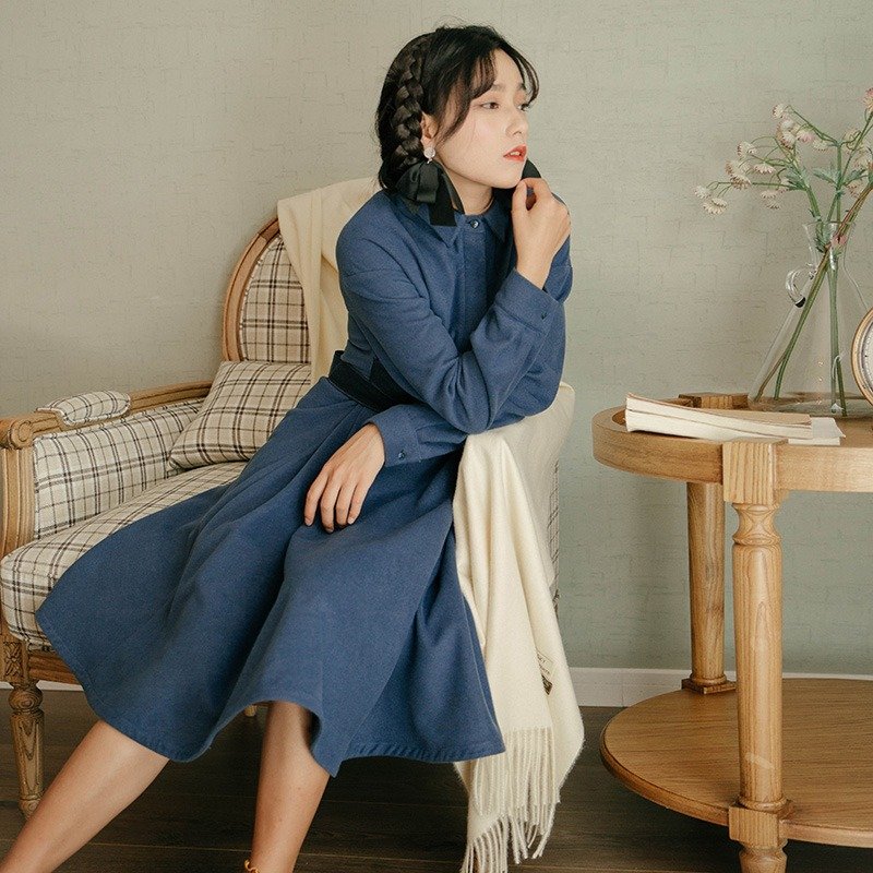 安妮陈2017冬装新款女士纯色A摆连身裙洋装 - 洋装/连衣裙 - 棉．麻 蓝色