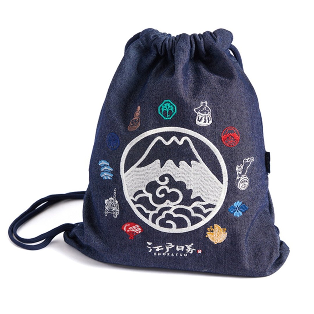 江户胜 日系 中性 富士山丹宁风格束口包(酵洗蓝) #包包#背包 - 束口袋双肩包 - 棉 蓝色
