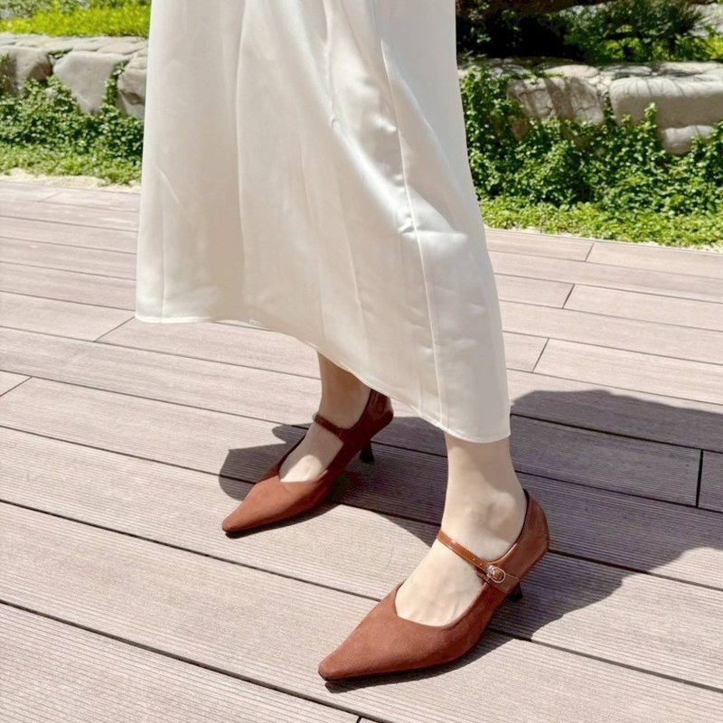 【I called Love】尖头拼接玛莉珍跟鞋 - 高跟鞋 - 其他材质 咖啡色