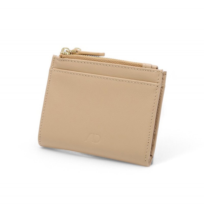 ANNA DOLLY 韩系真皮双拉链折叠短夹-浅杏 - 皮夹/钱包 - 真皮 卡其色