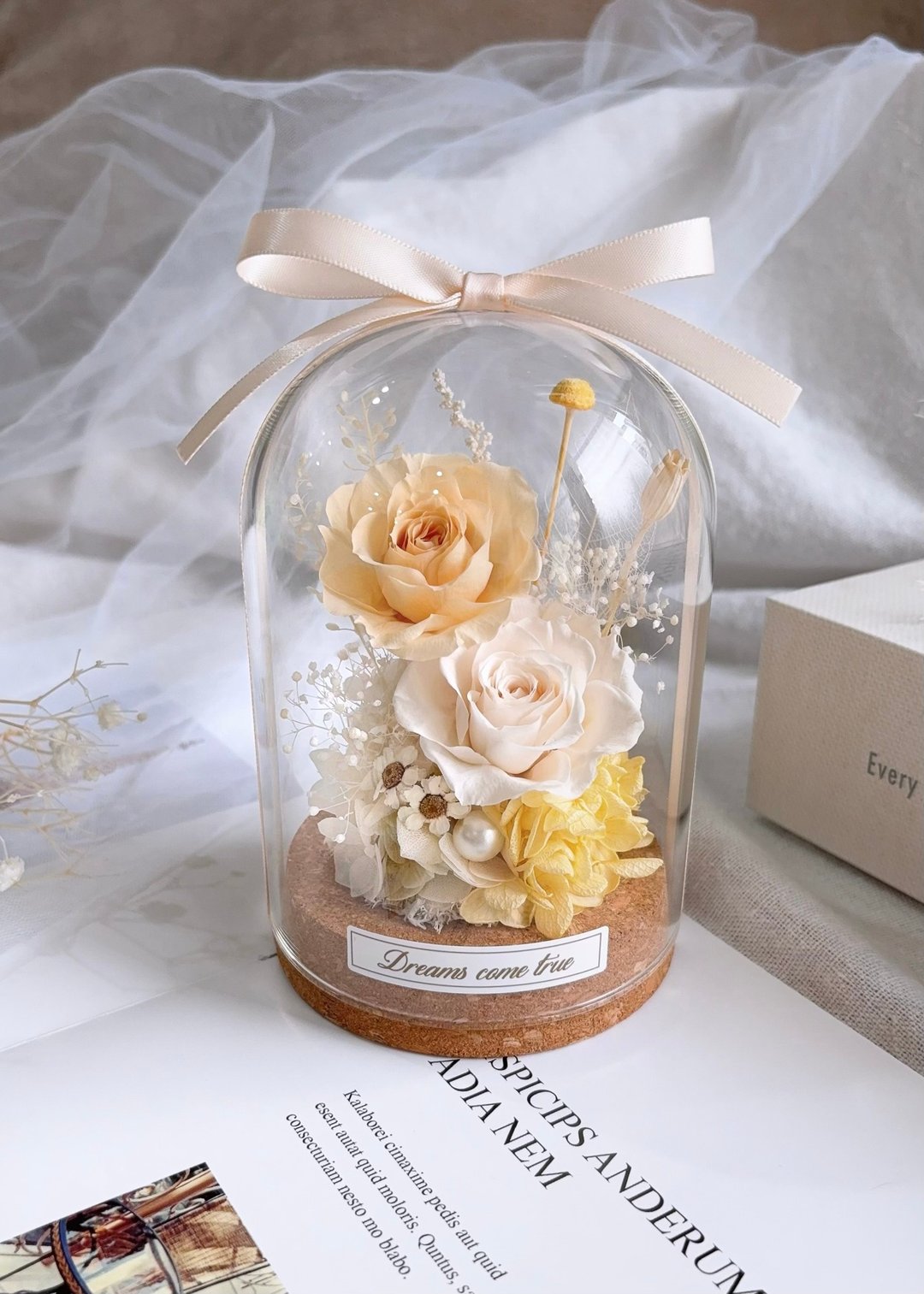 永生花玻璃盅 - 晨曦黄 l 不凋花玻璃盅 日本玫瑰 干燥花盅 - 干燥花/捧花 - 植物．花 黄色