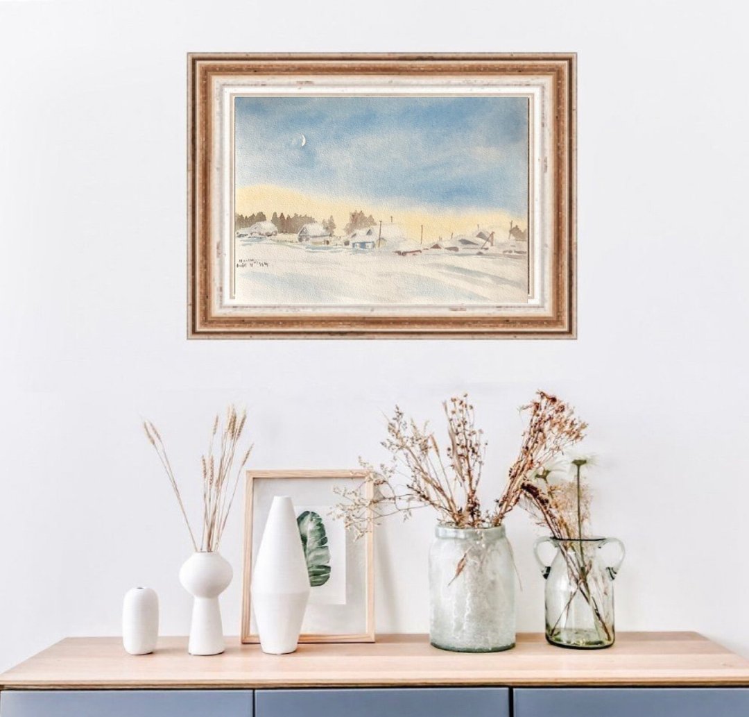 Winter village original watercolour painting wall art kitchen kitchen cabinets - 墙贴/壁贴 - 纸 白色