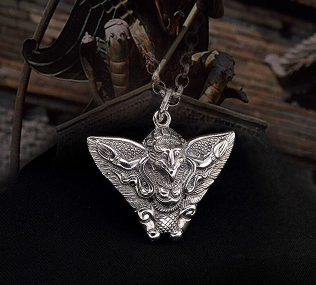 Real 925 Sterling Silver Handmade Hinduism Men Eagle God Pendant - 长链 - 纯银 银色