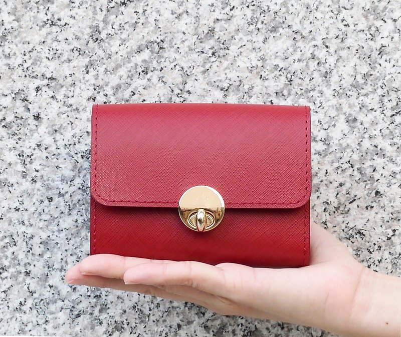 红色 简约圆形转扣风琴短夹 - 皮夹/钱包 - 真皮 红色