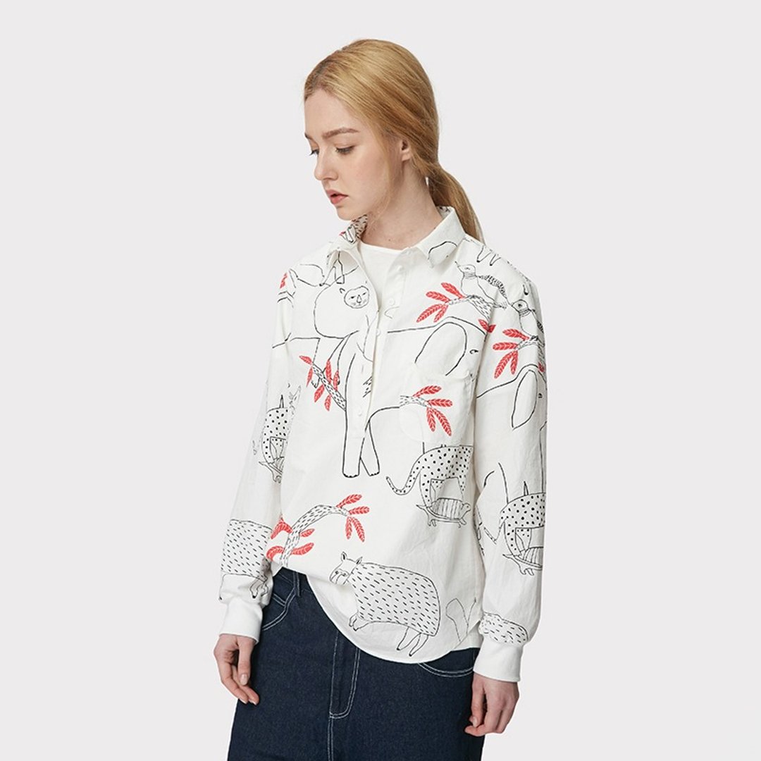 精纺全棉POLO领手绘印花白衬衫 - 女装衬衫 - 其他材质 白色