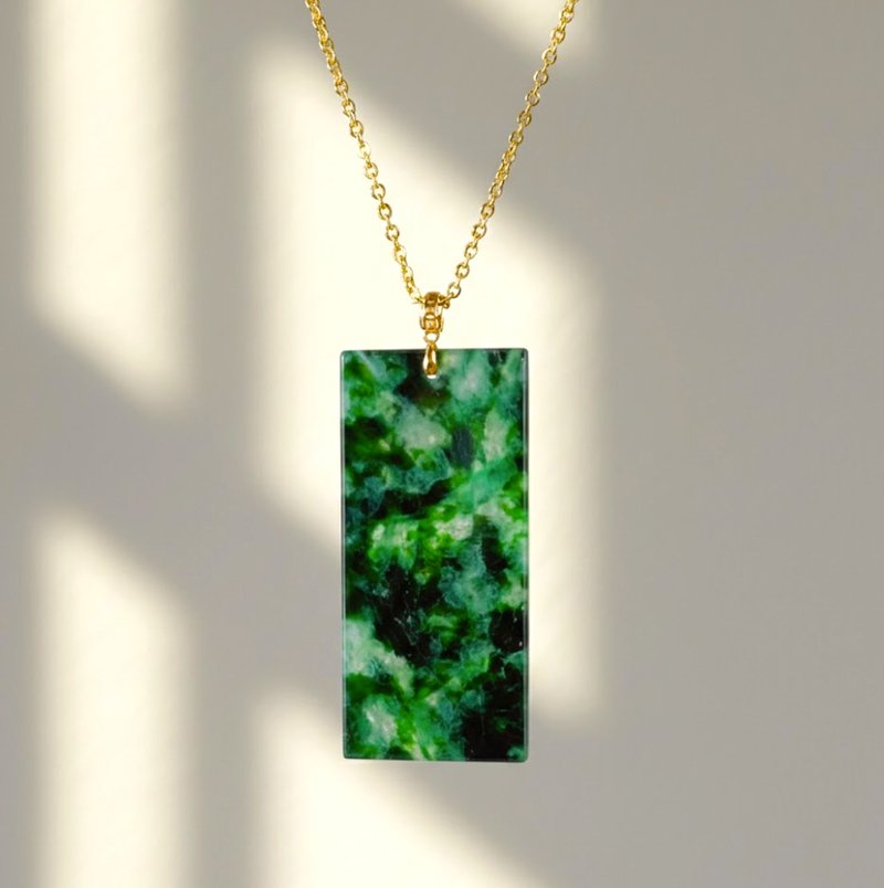 冰种花青翡翠无事牌项链 18K 金坠头 | 天然缅甸玉 A 货翡翠 | 送礼 - 项链 - 玉石 绿色