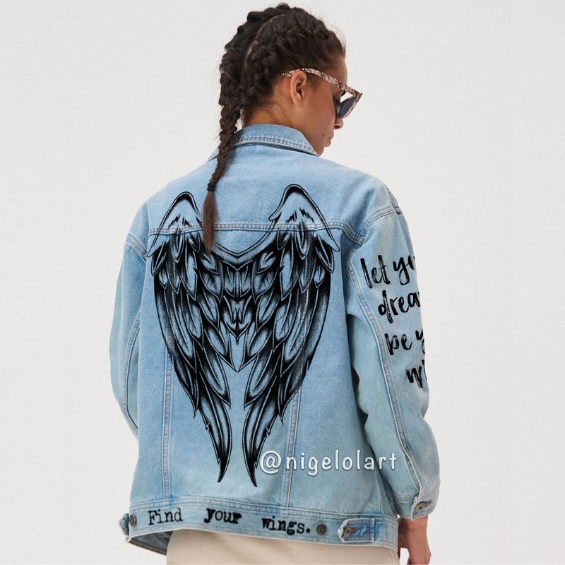 Painted denim jacket, handmade jacket, custom jacket Wings Angels Gift - 女装休闲/机能外套 - 棉 多色