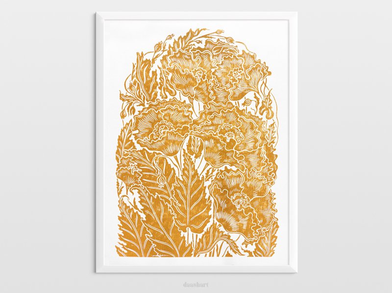 罂粟 linocut 印刷品 原创艺术品 黄色花卉艺术 植物墙装饰 - 海报/装饰画/版画 - 纸 黄色
